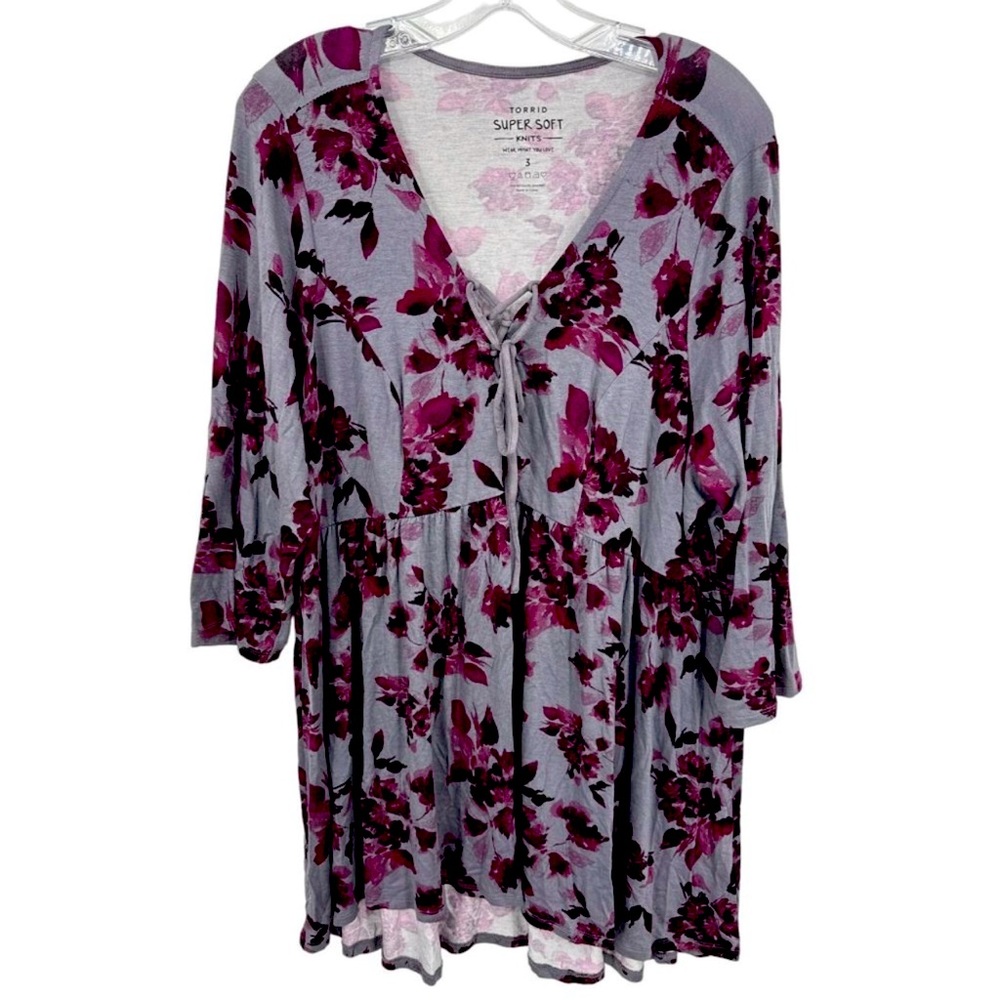 Torrid Blouse Womens Size 3 US Size 3X Floral Bohemian Lace Up Tie Soft Knit